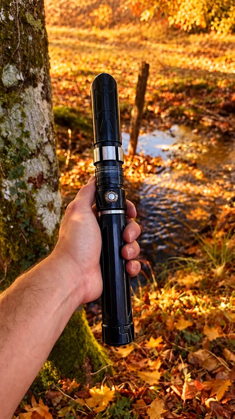 Poignée de sabre laser noire présentée en main dans le sous-bois